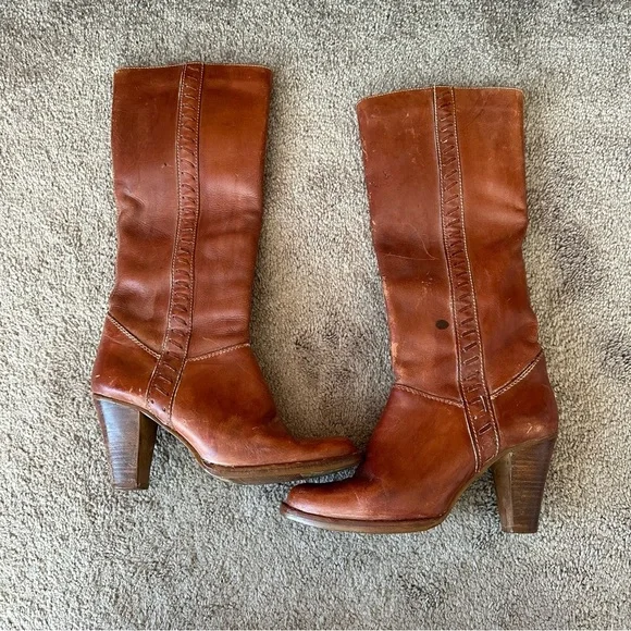 1970s Vintage Cognac Leather Tall Boots Stacked Heel Zip Size 7B - Picture 4 of 11